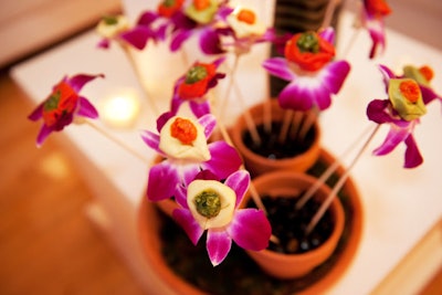 In the Italian cheese tortellini bouquets, skewers that looked like stems held edible orchids and pieces of pasta.