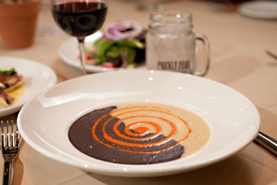 Prickly Pear serves black bean and jalapeño jack cheese soup yin-and-yang style, topped with a spiral of sweet red chile puree.