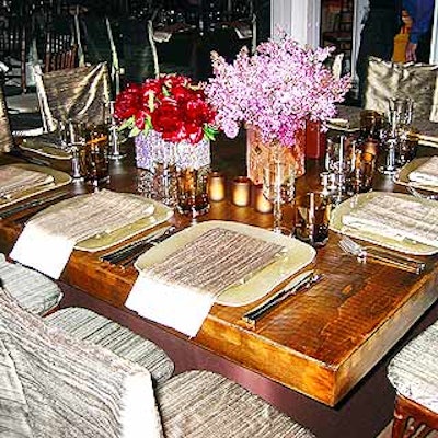 Colin Cowie accented tables with raw silk napkins and covered chairs with taupe and oyster-trimmed slipcovers.