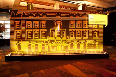 To give the cocktail area a focal point and conversation piece, event designer David Stark outlined the museum's historic home using fluorescent tape provided by 3M.