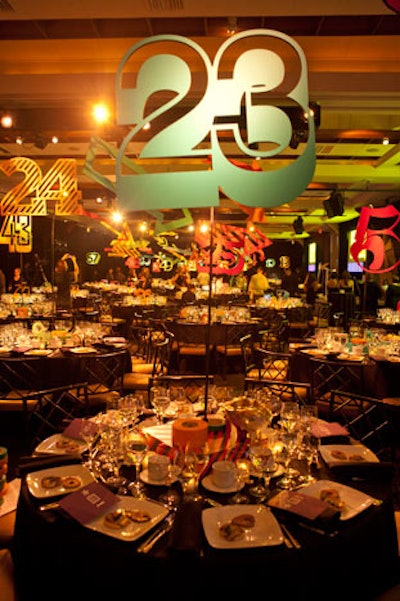Large graphic table numbers added colorful decorative elements to the dinner area. Baumann explained that many guests took the pieces home as keepsakes.