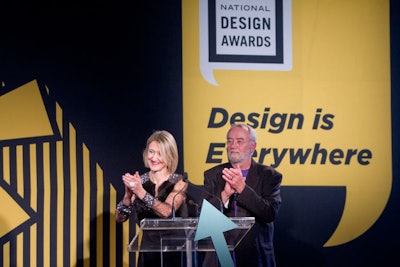 Unlike previous years, the museum asked guests at its gala to pledge support for its renovation, a call for donations made by Baumman (pictured, left) and director Bill Moggridge (pictured, right) in their opening address during dinner. Guests could participate by writing on their place cards and sticking the strips to the center of their tables.