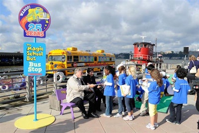 At Pier 84, Scholastic built a temporary bus stop to promote the 25th anniversary of The Magic School Bus and invited 20 students from the United Nations International School to participate in an interactive field trip.