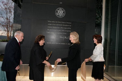 Prior to the reception, Hillary Rodham Clinton helmed a ribbon cutting and dedication for the recently refurbished Franklin State Dining Room balcony.