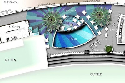 Highlights of the floorplan include a stage set between the pool and pool deck areas.