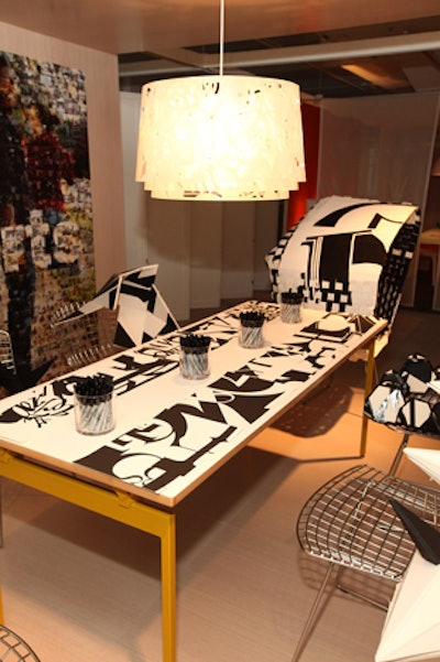 The black-and-white theme continued at Knoll's graphic table, which was designed by Gensler for the Chicago High School for the Arts.