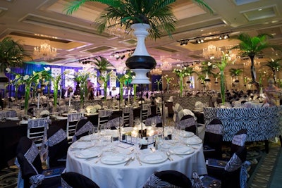 Palm leaves, lilies, and zebra print decorated the ballroom, where 430 guests sat to dinner.