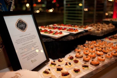 The Country Kitchen food station served smoked salmon pinwheels with herb cream cheese on pumpernickel bread during the cocktail reception.