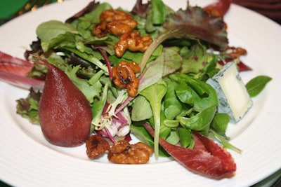 For the first course, guests dined on a mixed green salad accented with port wine-poached pears, Westfield Farm Bluebonnet goat cheese, and maple syrup-candied walnuts.