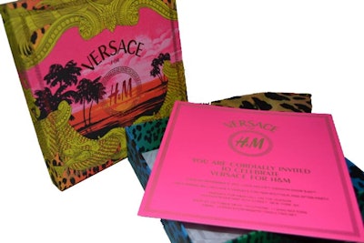 Providing a sneak peek into the festivities planned, the invitation for the event was a colorful box wrapped in Versace prints, which housed a hot pink invitation and a silk scarf from the collection wrapped in tissue paper. The box was sent in a simple black box rimmed with the Versace-style Greek motif.