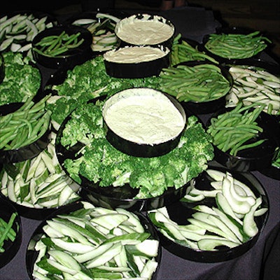Caterer Marjorie Wilson of Marjorie's grouped green vegetables with dips for a dramatic display.