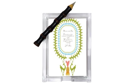 Iomoi’s bright notepads with Lucite trays and bamboo pens