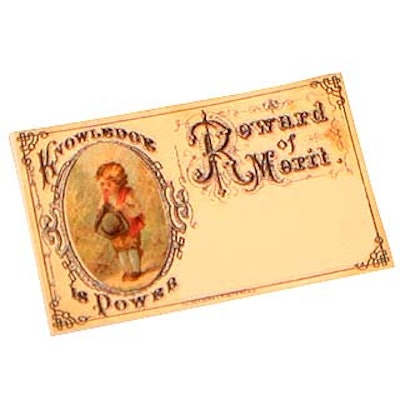 Antique rewards of merit were reproduced and used as unique name badges.