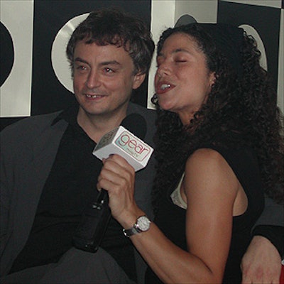 Gear magazine founder Bob Guccione Jr. talks with an interviewer from the magazine's Web site at Gear's Freedom 2000 party at Centro-Fly.