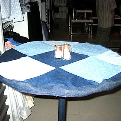 Cocktail tables were covered with denim patchwork cloths.