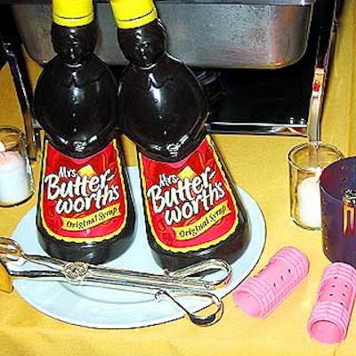 Caterer Canard Inc.'s kitschy, homestyle set up included waffles with Mrs. Butterworth's syrup.