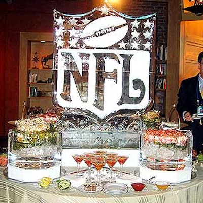 Ice Art created an NFL-branded ice sculpture for the buffet tables at the V.I.P. party held inside Times Square Studios.