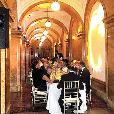 Guests ate a dinner catered by Mood Food upstairs on a mezzanine overlooking the main room.