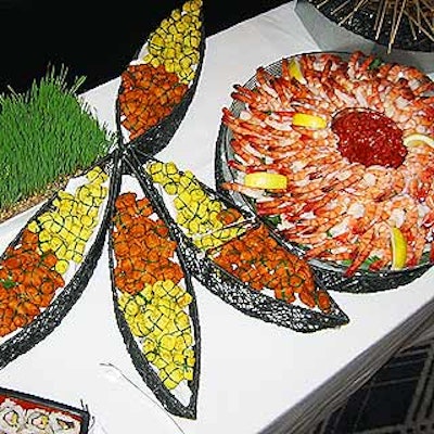 The Catering Company's food spread in the green room included shrimp cocktail and hand-tied crepe bundles filled with Thai vegetables.