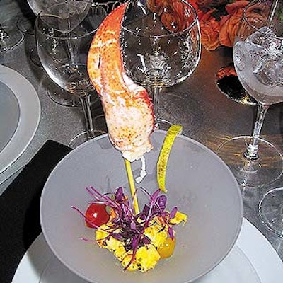 Caterer Taste's dinner began with a lobster martini salad with juniper and saffron-scented lobster tossed with heirloom tomatoes with a lemon twist.