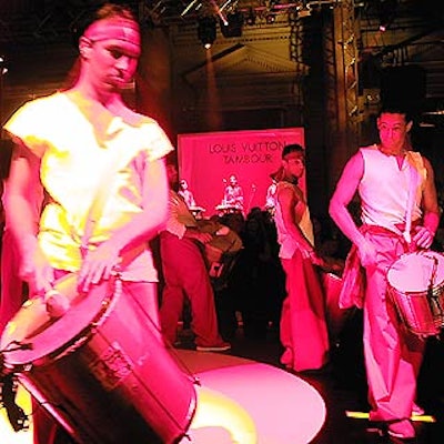 A French group of drummers performed at Louis Vuitton's Tambour watch launch at Capitale.