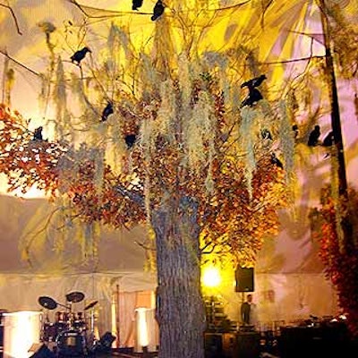 The center of the black and white dance floor was decorated with a towering faux tree with black ravens perched in the branches.