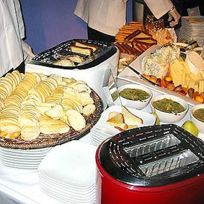 To show off Rowenta's new line of toasters, one buffet table toasted bread on the spot, accompanied by baba ghanoush, hummus and a variety of cheeses.