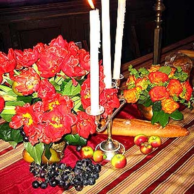 Mark Musters of Musters & Company decorated the V.I.P. tables at the Nicholas Nickleby premiere party at Cafe St. Bart's with antique fabric tablecloths and flower arrangements with tulips, roses, lady apples and grapes.