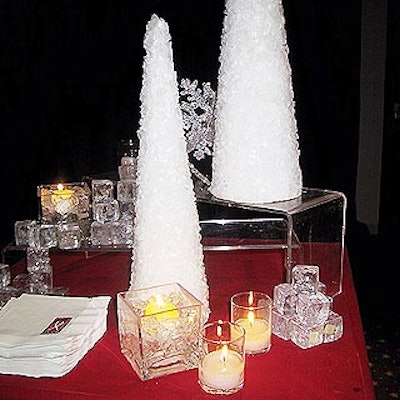 One display featured wintry cones and candles.