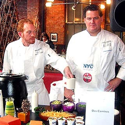 Chefs Ross Gill (left) and Scott Lindquist of Dos Caminos served a savory chicken tortilla soup for the chicken soup tasting competition.
