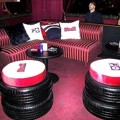 Stuff- and Fila-branded pillows dotted the seating areas. Stacks of tires served as seats.