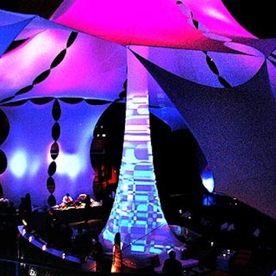 EventQuest put an enormous sculptural fabric piece by Gisela Stromeyer Designs at the heart of Sony's Grammy awards after-party in the Hammerstein Ballroom.