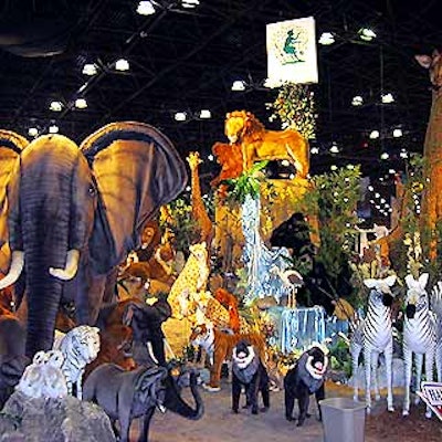 Thomas Boland & Company showcased its plush animals in a safari-themed area with life-size elephants, lions and zebras on tiers of faux rocks and waterfalls.