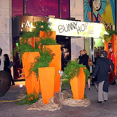 Glen Craig of Craig & Company created a carrot patch in front of FAO Schwarz's entrance with giant carrots made of painted plywood surrounded by sod and burlap.