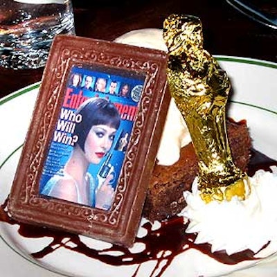 Dessert at Entertainment Weekly's ninth annual Academy Awards party came with adornments: a piece of chocolate printed with the cover of the mag's Oscar predictions issue and a chocolate Oscar statuette covered in gold foil, both from Match Catering and Eventstyles.