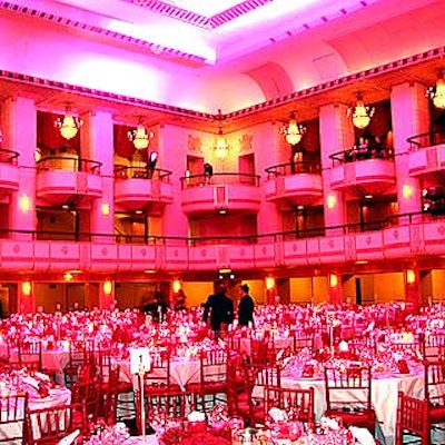 Bestek Lighting and Staging bathed the Waldorf=Astoria's ballroom with red lights.