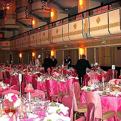The Waldorf=Astoria's grand ballroom was decorated in various shades of pink, the breast cancer crusade's signature color.