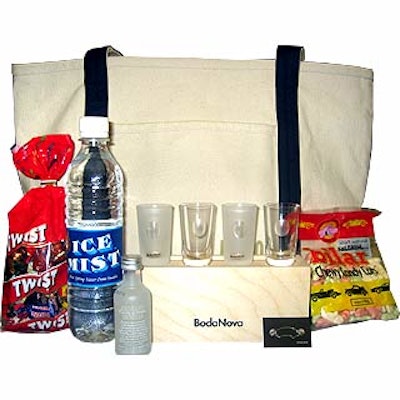 Canvas gift bags—sans obnoxious branding—were filled with goods from Sweden including a set of BodaNova shot glasses, Absolut vanilla vodka, bottled water and candy.