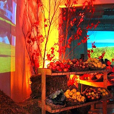 At the Weather Channel's four season-themed party for advertisers, the autumn section had a quaint wood station with fruits and cheeses surrounded by stacks of hay and dried autumn leaves.