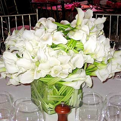 Miho Kosuda's centerpiece featured dozens of white calla lilies wrapped and twisted in sections.