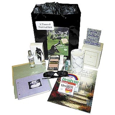 Billed as a 'funeral survival kit,' the gift bag had sunglasses, tissues, waterproof mascara and a tiny bottle of vodka.