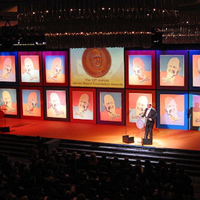 An Andy Warhol-esque backdrop of portraits of James Beard decorated the stage at the James Beard Foundation awards at the Marriott Marquis.