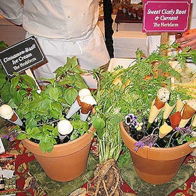 Chef Jerry Traunfeld of Herbfarm in Woodinville, Washington, served three kinds of herb-based ice creams at the tasting reception. The cones were placed in flower pots planted with the fresh herbs that flavored the ice cream.