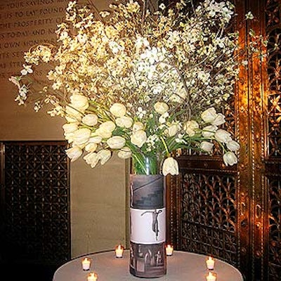 A large flower arrangement decorated the entrance to the event.