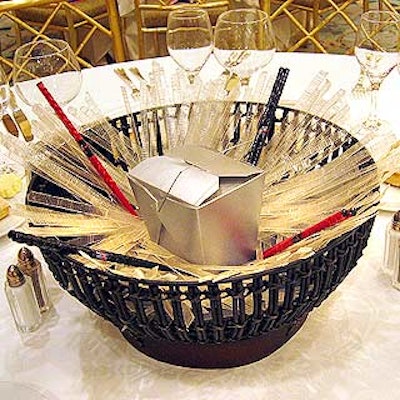Baskets filled with candies, dried mushrooms, and here with glass noodles and chopsticks made for a creative representation of Chinese immigrants.