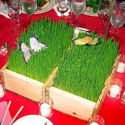 Bill Tansey used wooden boxes of grass decorated with paper butterflies as pretty, simple centerpieces.