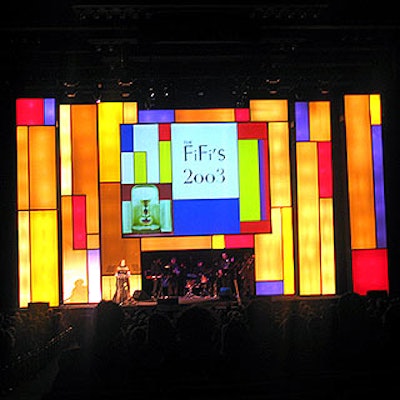 The set for the Fragrance Foundation's annual FiFi awards incorporated various projection screens and lots of Mondrian-inspired color blocks to match the 'Fragrance 'n Art' theme.