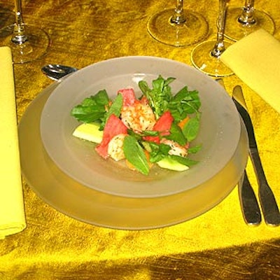 Restaurant Associates' dinner started with a summery salad with watercress, watermelon, cucumber, cantaloupe and shrimp.