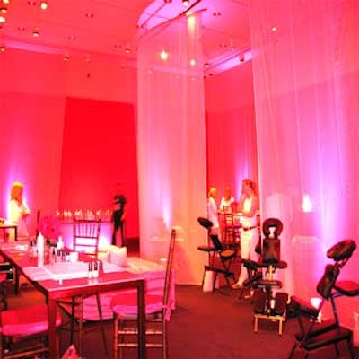 A pink salon offered guests blowouts, manicures, makeup applications and chair massages. Salon attendants wore blonde wigs.