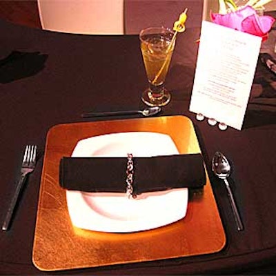 At each guest's place setting, a sterling silver Tiffany bracelet served as the napkin ring, and a place card detailed Fancy Girl Catering's lunch menu and the nutritional information of each course.